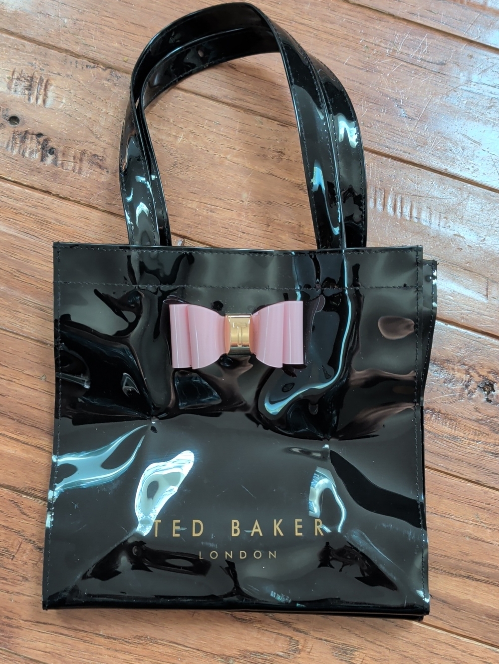 Ted Baker London Black Patent Plastic Small Tote with Pink Bow